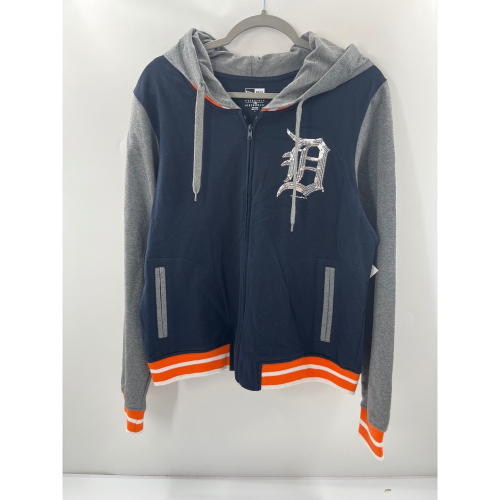 New Era Detroit Tigers MLB Full Zip Hoodie Navy Gray Sequin Logo Mens L NWT